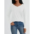 thumbnail image 2 of V Neck T Shirts for Women Lace Long Sleeve Tops Loose Fit Dressy Casual Blouses Fall Winter Basic Trendy White S, 2 of 6