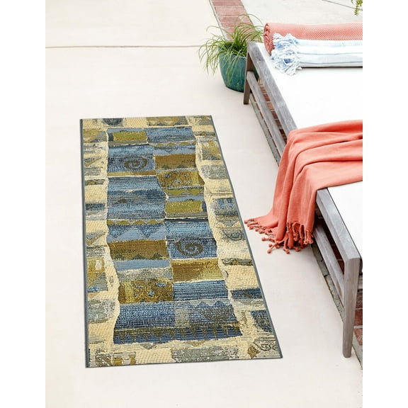 Unique Loom Outdoor Modern Collection Area Rug - Glyph (2' x 6' 1" Runner Blue/Beige)