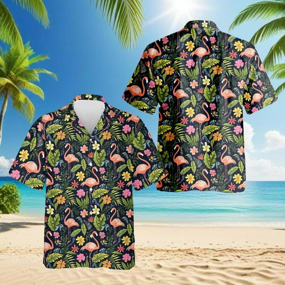 Flamingo Retreat Hawaiian Shirt for Men, Button Down Summer Beach Short Sleeve, Tropical Style, S-5XL