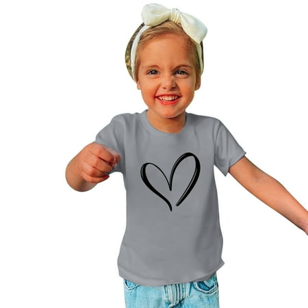 

YWDJ Valentines Girls Graphic Tees Toddler Kids Boys Girls Cotton T-shirt Fashion Cute Round Neck Valentines Day Print Tee Short Sleeve Top Gray 9-10T