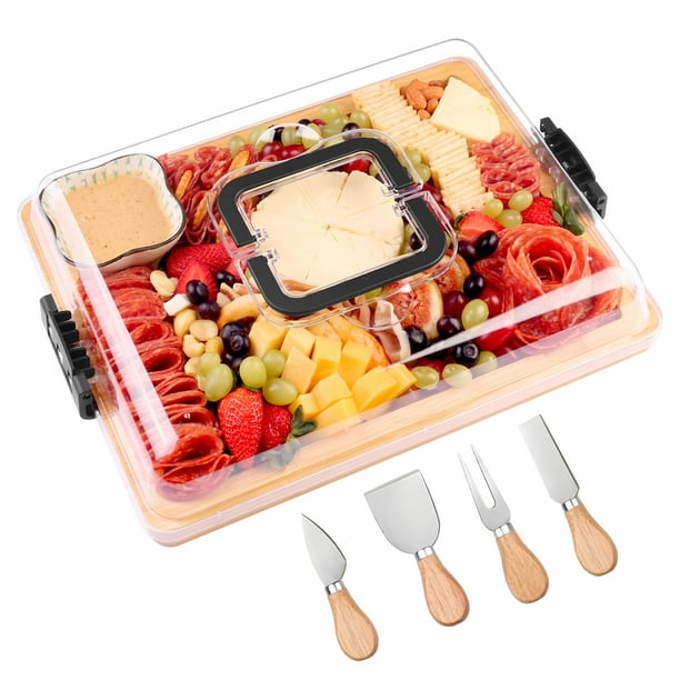 Tabla de charcutería CAWIU con tapa y asa, juego de queso de bambú
