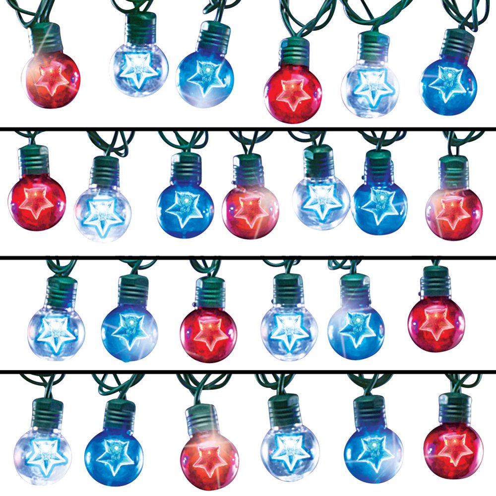 Set of 25 Red White and Blue Star Globe String Lights, 4th of July