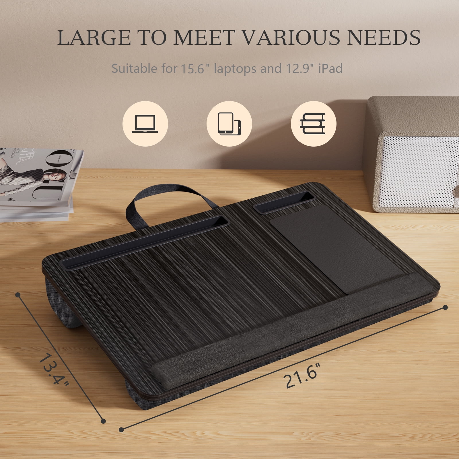 PHANCIR Portable Lap Desk for Laptop, Wood Laptop Bed Table with Handle Fits up to 15.6 inches Laptop Tray with Soft Pillow, Mouse Pad, Wrist Pad & iPad/Phone Slots, Laptop Stand 21.6 x 13.4in-Black