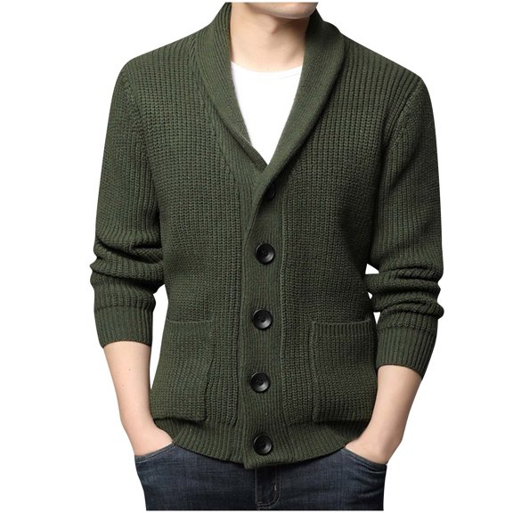 Lovskoo Mens Cardigan Sweater Winter Trendy Slim Solid Color Sweater Single Button Casual Knit Tops Coat Olive Green