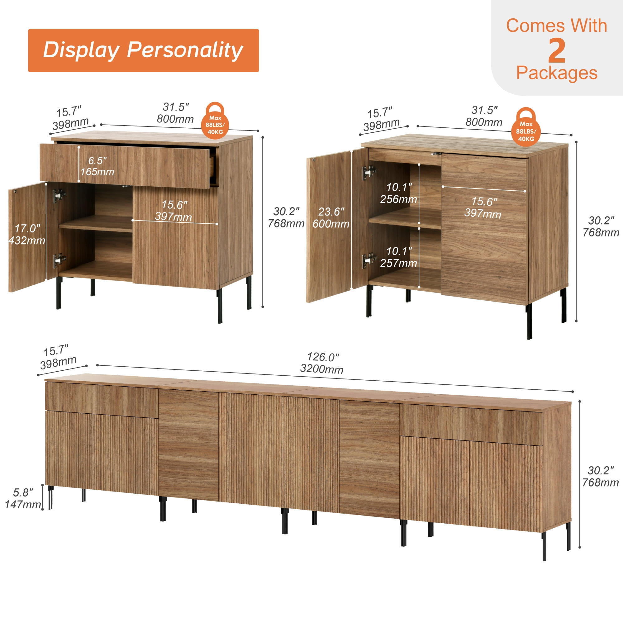 126" Modern Reeded 8-Door Sideboard with Drawers, 4-In-1 Wooden Credenza Storage Cabinet for Kitchen, Dining Room