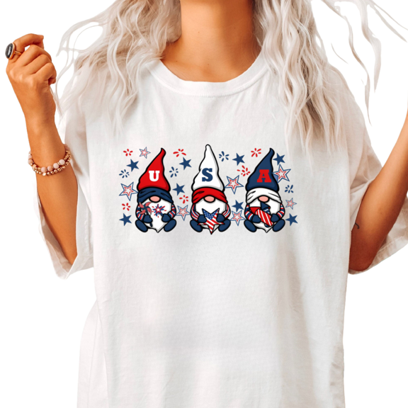 USA Patriotic Gnomes Womens S-5XL 4th Of July Graphic Short Sleeve T-Shirt White Tops