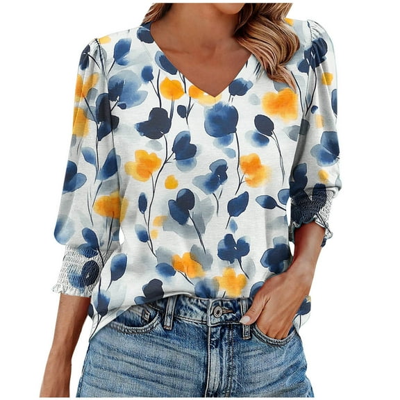 DeHolifer Womens T-Shirts 3/4 Sleeve V-Neck Floral Printed Smocked Cuffs Summer Trendy Lightweight Casual T-Shirts Blue 2XL