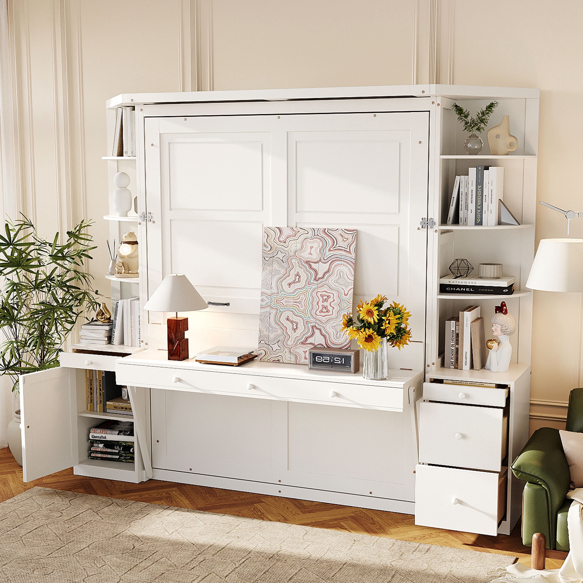 Queen Size Murphy Bed with Desk, Storage Shelves and Cabinets, for Space-Saving Home Office, Guest Room