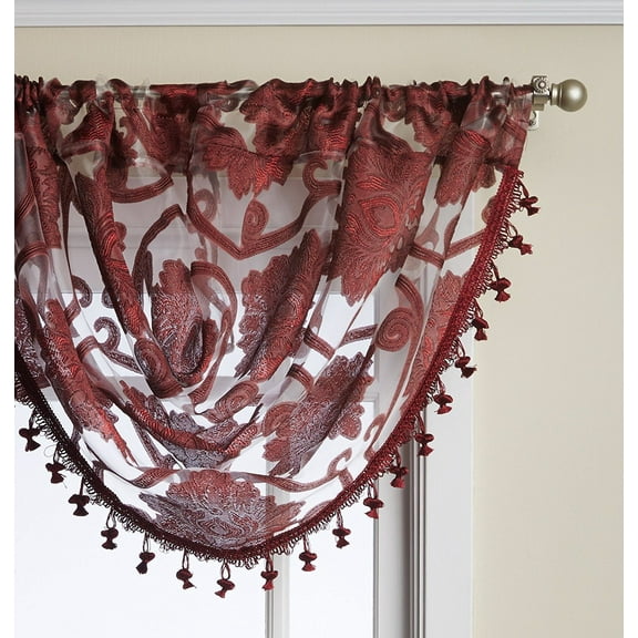 Regal Home Collections Scroll Sheer Waterfall Window Valances - Burgundy
