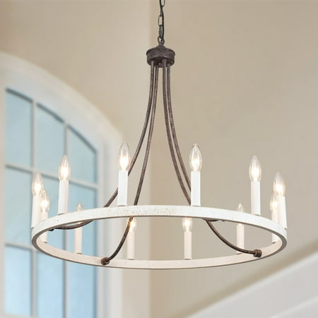 

12-Light 26.77-inch Vintage Rustic Wagon Wheel Chandelier for Kitchen Antique Brown+Retro White