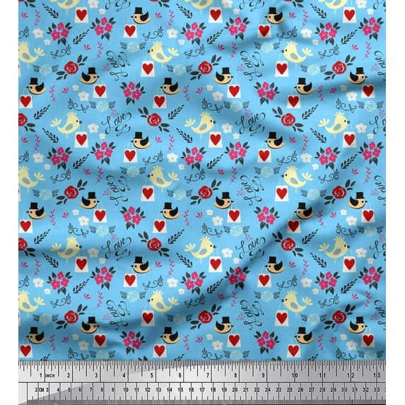 Soimoi Cotton Jersey Fabric Floral,Shopping Bag & Bird Artistic Decor Fabric Printed Yard 58 Inch Wide