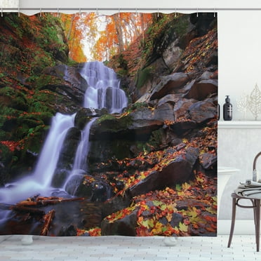 Ambesonne Outdoor Shower Curtain, Mountain and Waterfall, 69"Wx70"L, Orange Green Brown