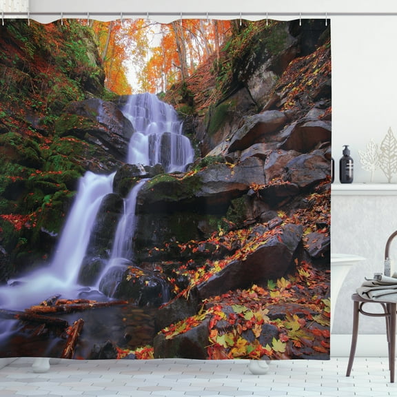 Ambesonne Outdoor Shower Curtain, Mountain and Waterfall, 69"Wx84"L, Orange Green Brown