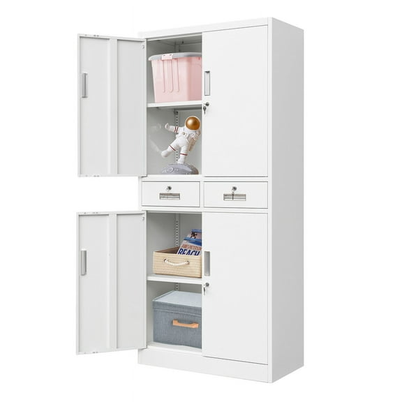 Metal Storage Cabinets with 2 Drawer and Adjustable Shelves, Locking Storage Cabinet for Pantry Kitchen Home Office Garage Living Dining Room (White)