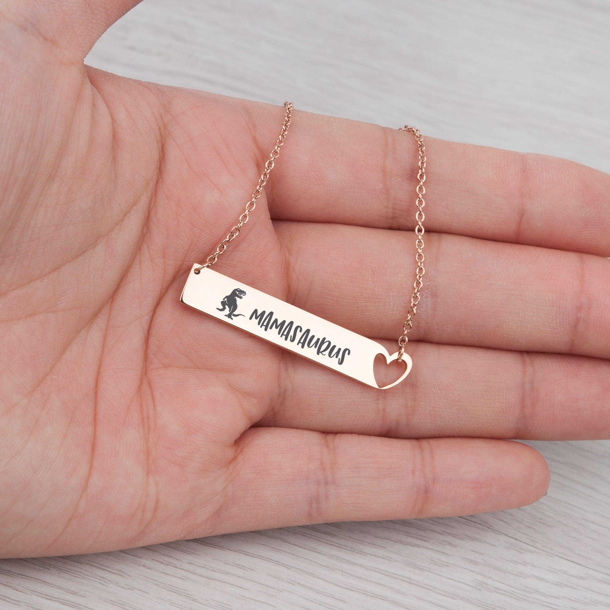 Anavia Mamasaurus High Polish Stainless Steel Fashion Necklace Jewelry Gift for Mom Grandma -[Rose Gold Heart Bar 18"]