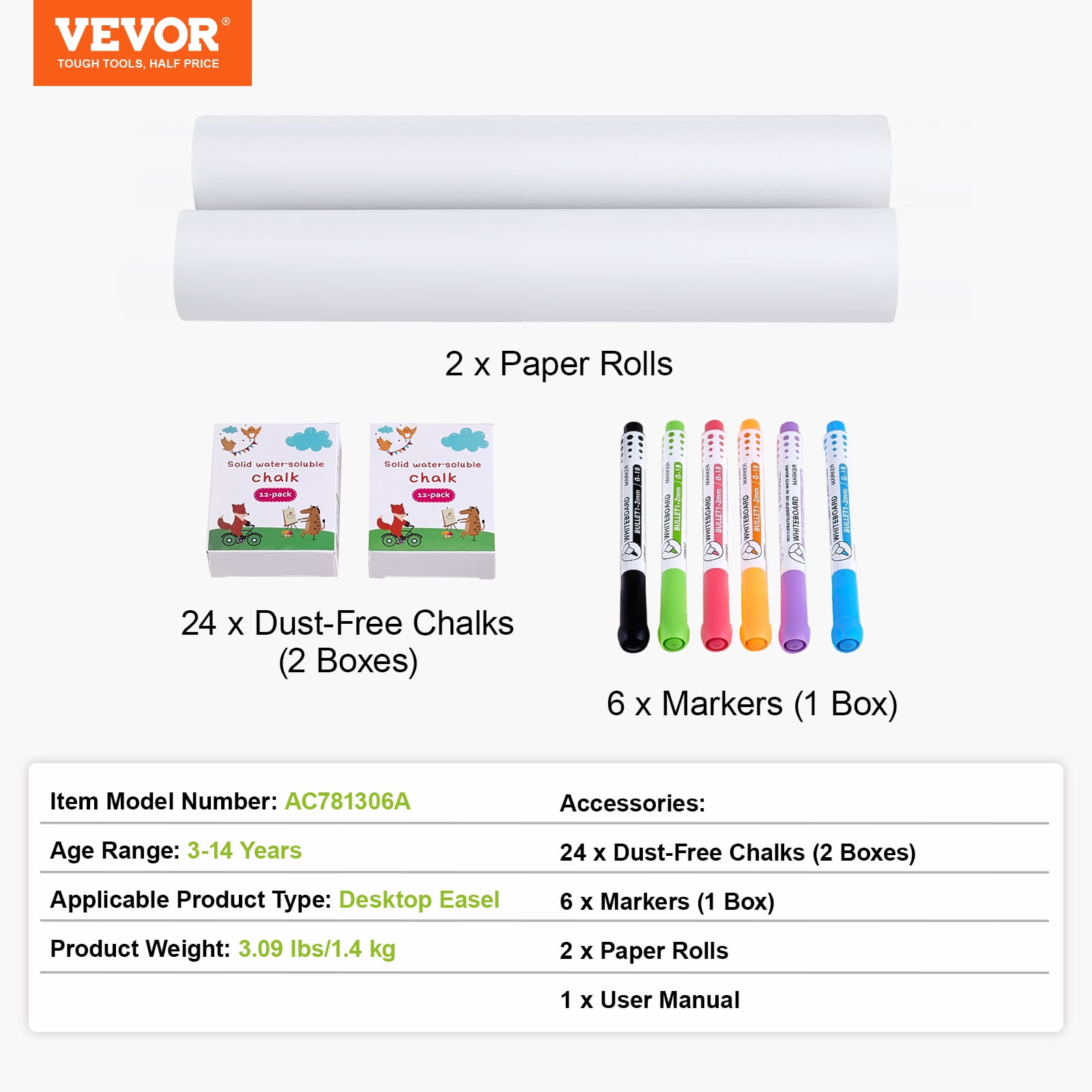 VEVOR Easel Accessory Set, 32 PCS Kides Art Easel Painting Kit Including Chalks, Dry-Erase Markers & Paper Rolls, Supplies Set for Tabletop Art Easel, Painting Accessories for Toddlers Boys and Girls