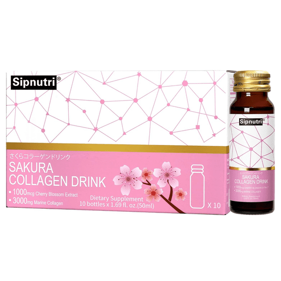 Sipnutri Japanese Sakura Glowing Skin Collagen Drink - with Cherry Blossom & Mangosteen Extract, Support Skin Radiance, Hydration & Elasticiy, Daily Antioxidant Support –1.69 fl oz x10