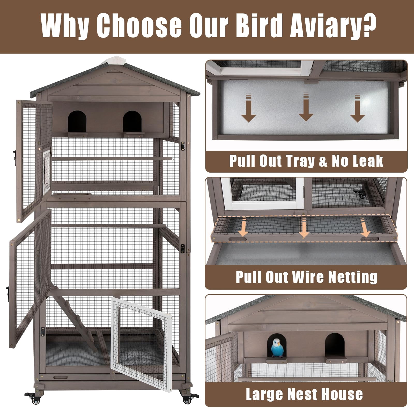 Gowoodhut 68.8"L Outdoor Bird Aviary Indoor Wooden Large Bird Cage Parakeet Cage on Wheels