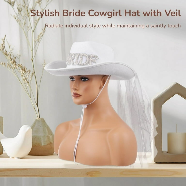 SMELEYOU Witte cowgirl hoed met sluier bruid hoed bruiloft foto kostuum prop cowboy hoed vrouwen brede rand bruiloft hoed voor vrijgezellenfeest