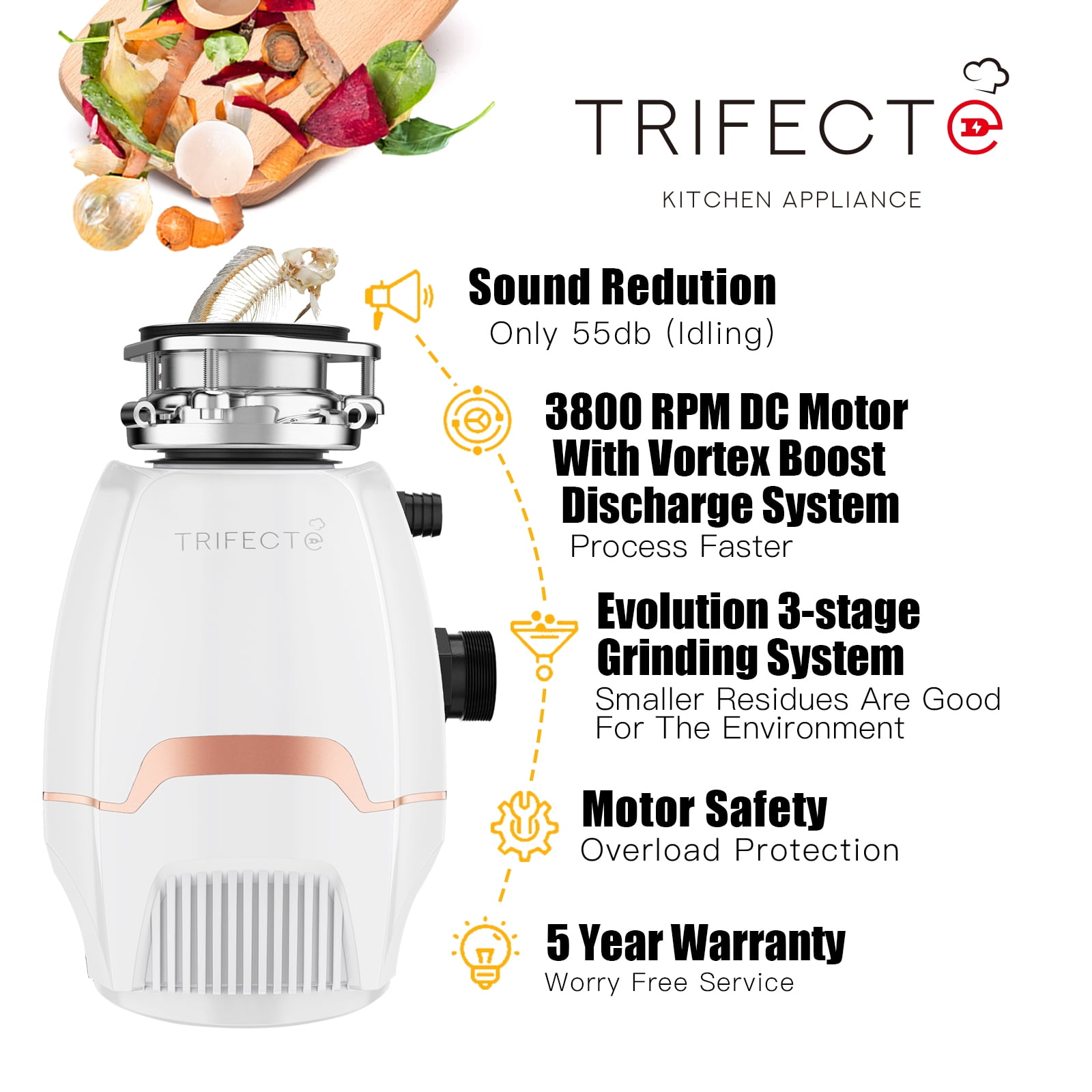 Trifecte 3/4PH Garbage Disposal, 3800RPM DC Motor Continuous Feed Food Waste Disposal with Power Cord