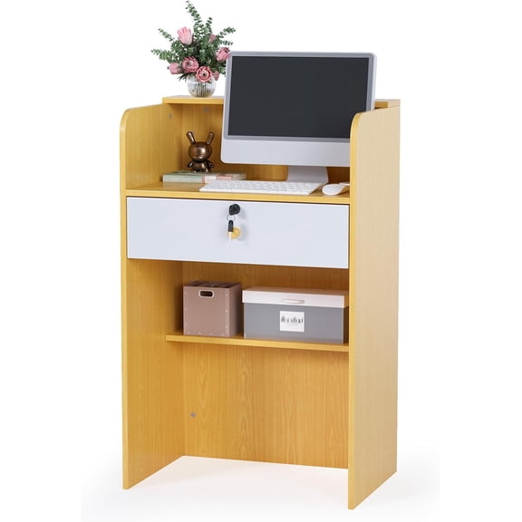 OmySalon Reception Desk with Counter, Small Front Desk w/Lockable Drawer, Wooden Modern Reception Table for Salon Lobby Office Home (Original Wood, 24)
