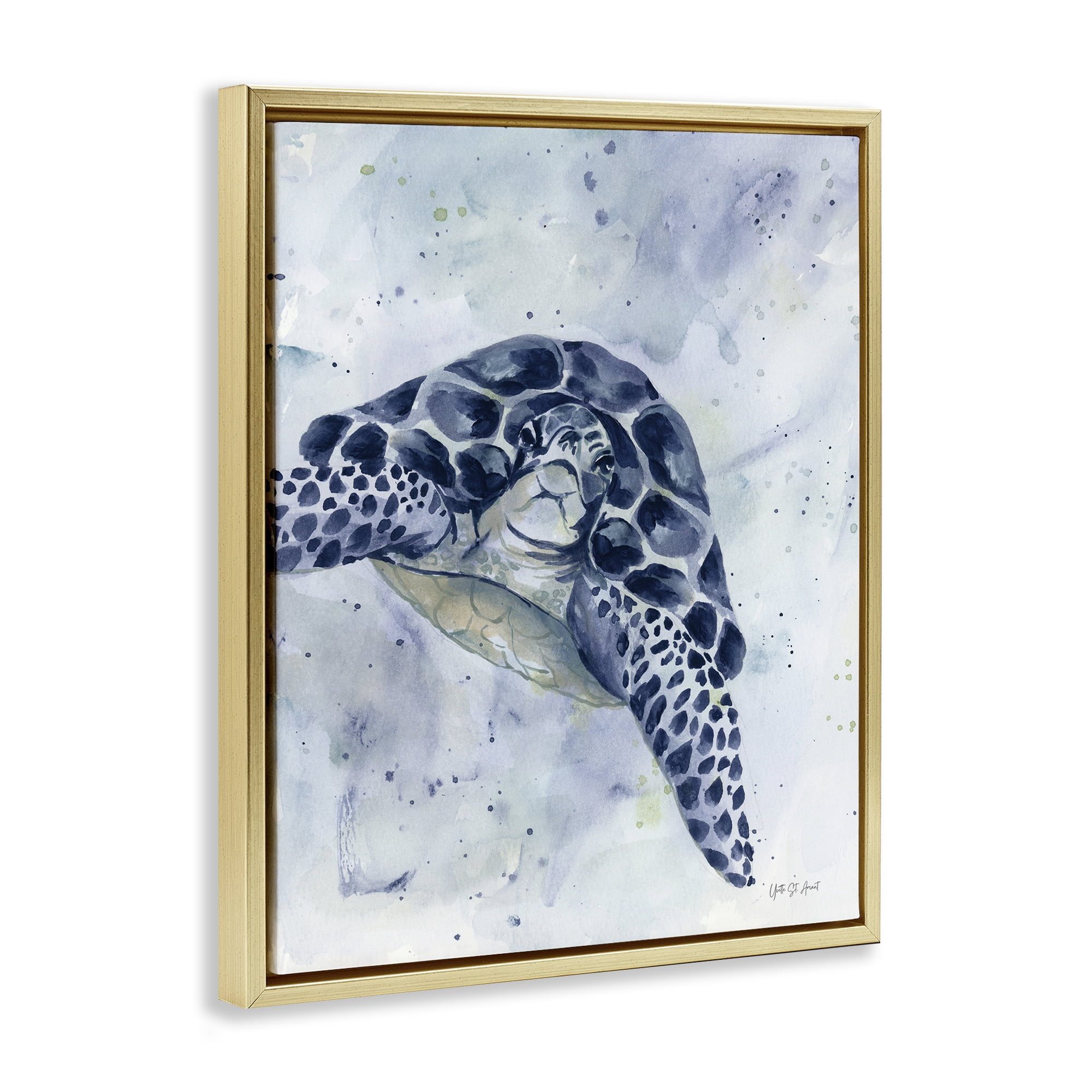 Stupell Industries Swimming Blue Turtle Animals & Insects Painting Gold Floater Framed Canvas Art Print Wall Art, 17 x 21
