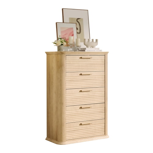 5 Drawers Dresser for Bedroom, 45" Tall Dresser with Curved Profile Design, Wood Fluted Chest of Drawer, Modern Drawer Storage Organizer for Bedroom, Living Room