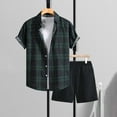 thumbnail image 2 of Stamzod Mens Summer Outfits 2PC Fashion Plaid Printed Short Sleeve Shirts and Shorts Set Daily Casual Short Sets for Men Green S, 2 of 5
