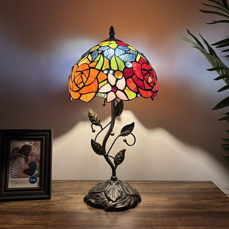 Tiffany Table Lamp Red Orange Blue Stained Glass Rose Flowers LED Bulb Included Iron Metal Leaves Bronze Base for Living Room Dining Room Bedroom Bedside 20"H*10"W