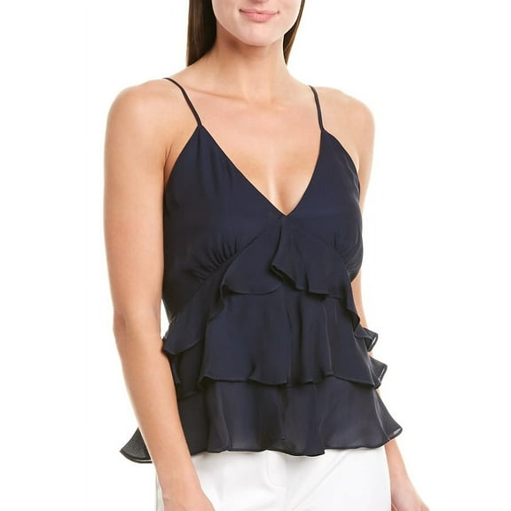 Nicole Miller Artelier NAVY Solid Silk Blend Ruffle Cami Tank Blouse, US Petite