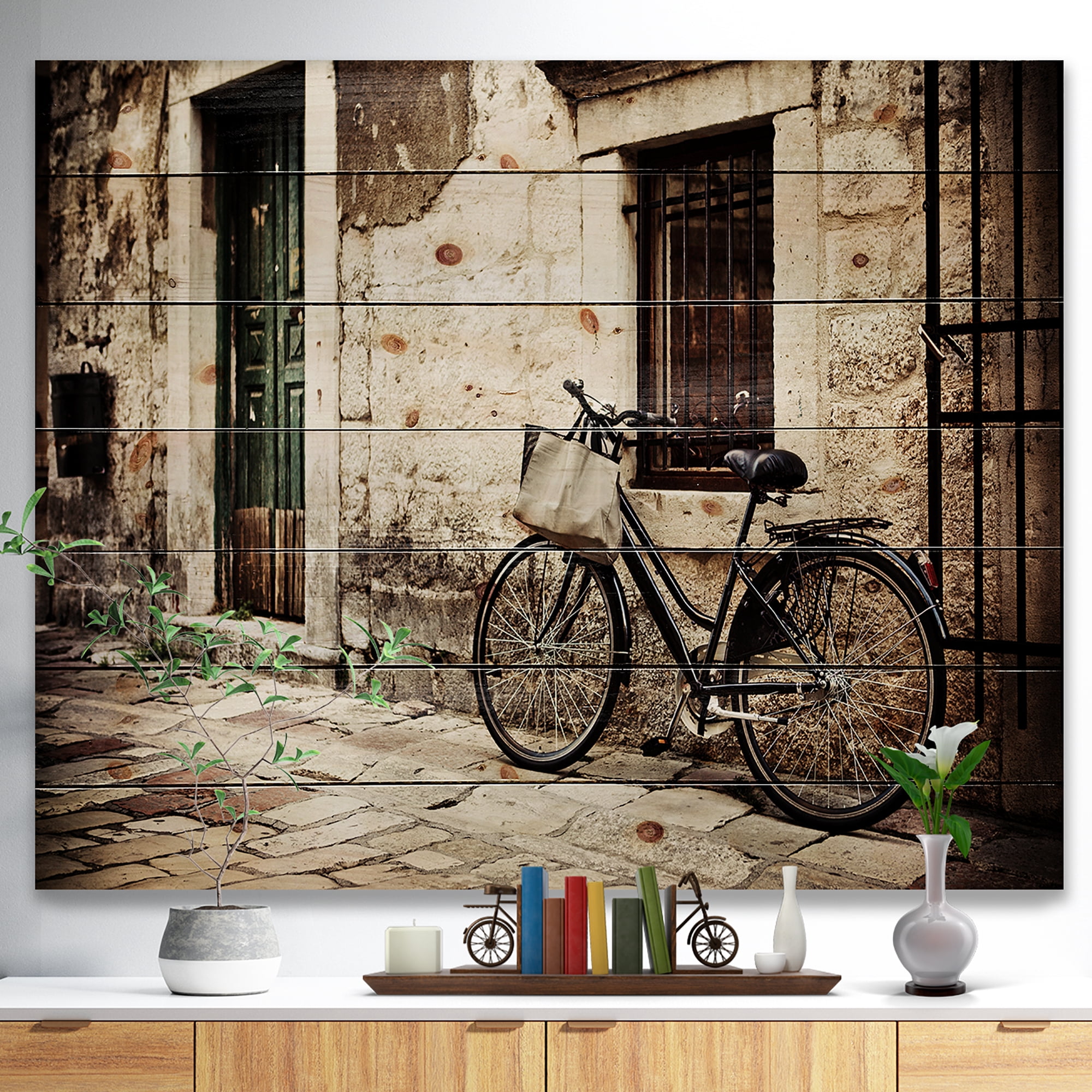 Designart 'Shopping Bag On Bicycle Vintage Paris Street' Landscape Photo Print on Natural Pine Wood