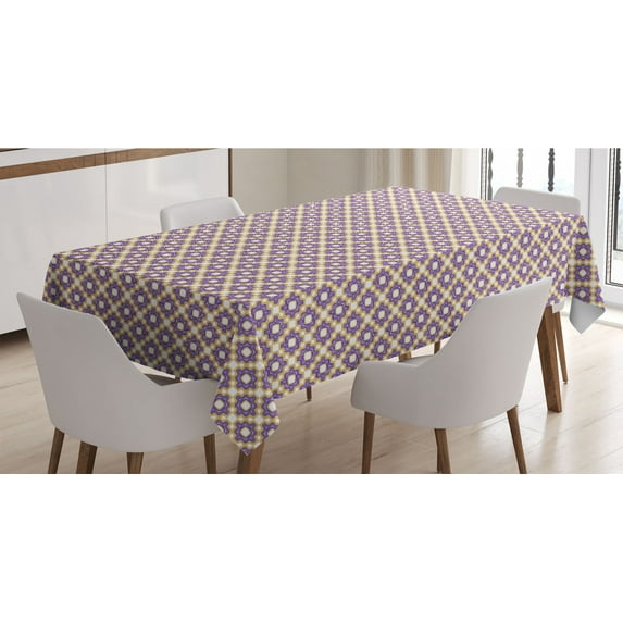 Abstract Tablecloth, Repetitive Retro Geometric Triangles Mosaic Cube Pattern, Rectangle Satin Table Cover Accent for Dining Room and Kitchen, 60" X 90", Blue Violet Pale Camel, by Ambesonne