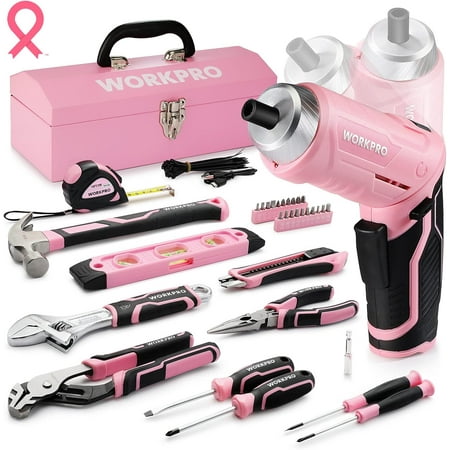 75-Piece Pink Tools Set 3.7V Rotatable Cordless Screwdriver And Household Tool Kit Basic Tool Set With 13 Portable Steel Tool Box For Home Garage Apartment Dorm New House - Pink Ribbon