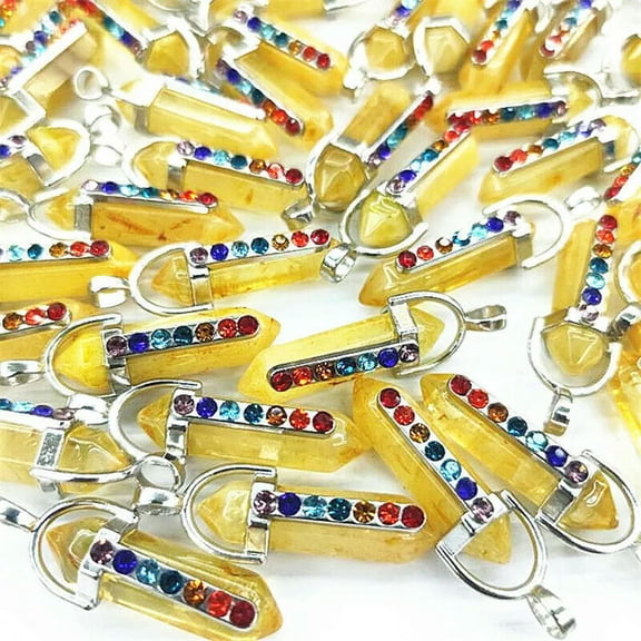 K-KED 50pcs Natural Yellow Crystal Hexagonal Pointed 7 Color Reiki Chakra Pendant