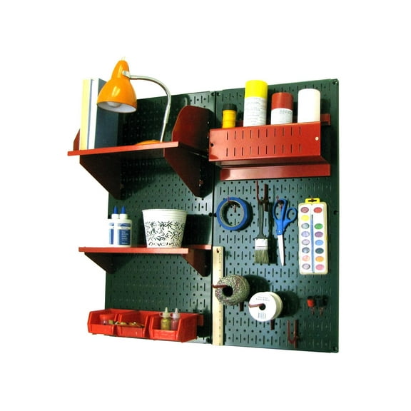 Wall Control Pegboard Hobby Craft Pegboard Organizer Storage Kit with Green Pegboard and Red Accessories