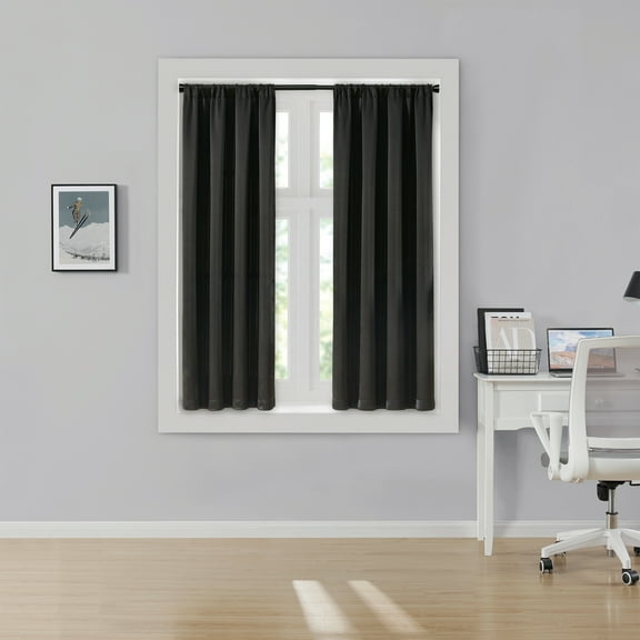 Style U 3-Piece Tension Rod and Black Solid Rod Pocket Room Darkening Indoor Curtain Set