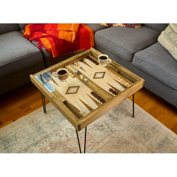 Rustic Backgammon Coffee Table with removable glass top - 25x25"