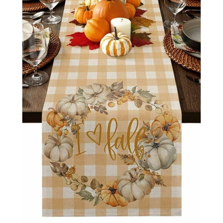 

Table Runner 72 Inches Long Fall Thanksgiving Pumpkin Leaves Berries Yellow Plaid Linen Cotton Linen Table Runners Non-Slip Durable Dresser Scarves for Table Party Dinner Holiday Home Decor 1 Pack