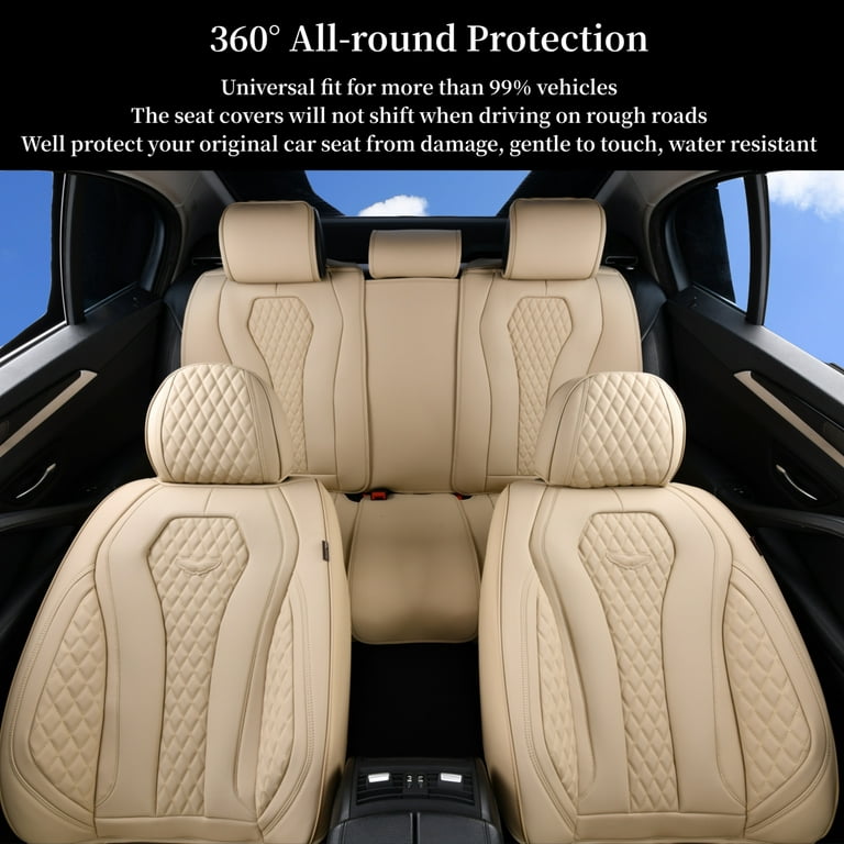 Coverado 5 SEATS Beige Car Seat Covers Full Set, Premium Leatherette Auto Seat Cushions Luxury Interior, Waterproof UV-Resistant Seat Protectors