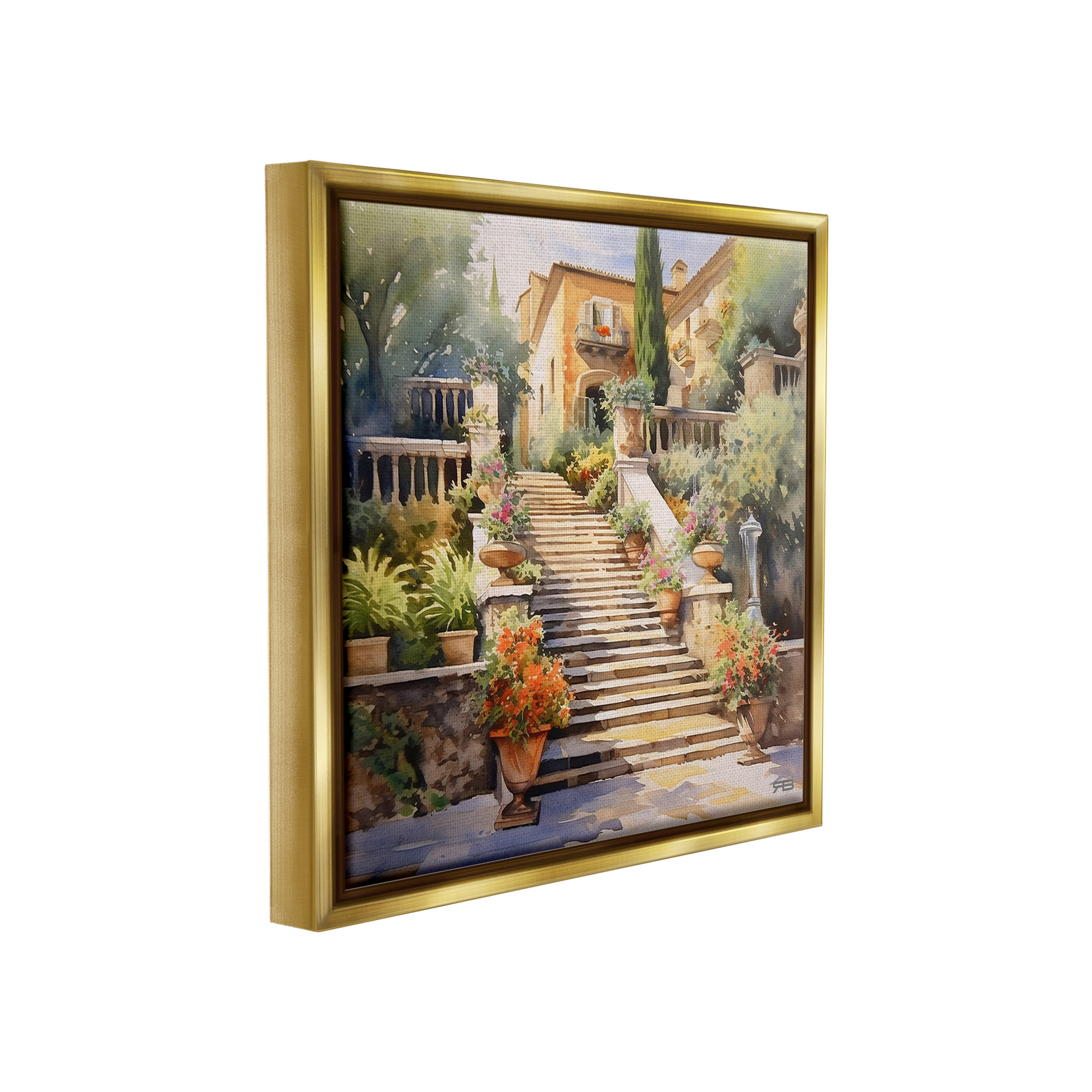 Stupell Industries Stairs to European Villa Botanical & Floral Painting Gold Floater Framed Canvas Art Print Wall Art, 25 x 25