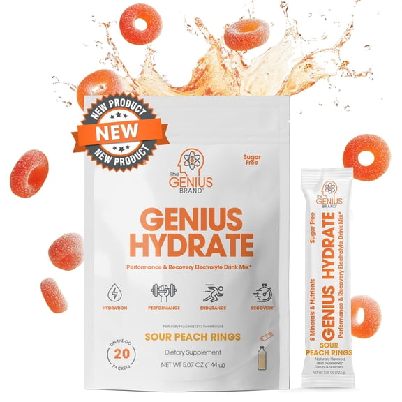 The Genius Brand Genius Hydrate - Electrolyte Supplement for Daily Hydration - Coconut Water - Sugar-Free - 8 Essential Minerals & Nutrients - Non-GMO - Sour Peach Rings - 20 Servings