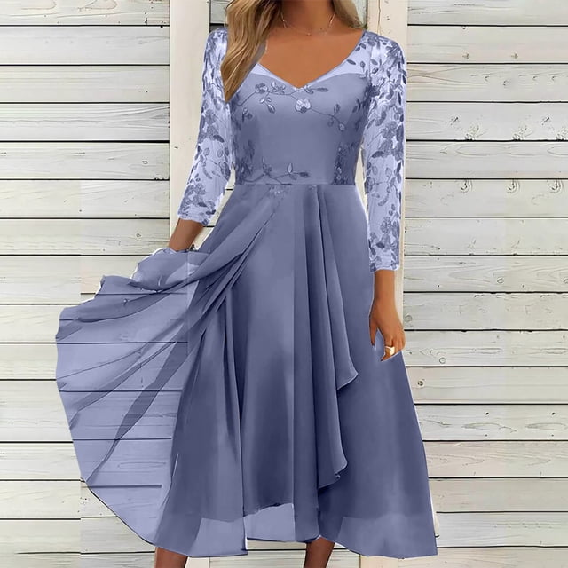 EGNMCR Robes de Soirée pour Femmes, Robes Formelles pour Femmes, Robes de Cocktail pour Femmes Femmes Unies à Manches Longues Col Rond Dentelle Mousseline Maille Taille Robes de Fête Jupe en Mousseline pour Femmes