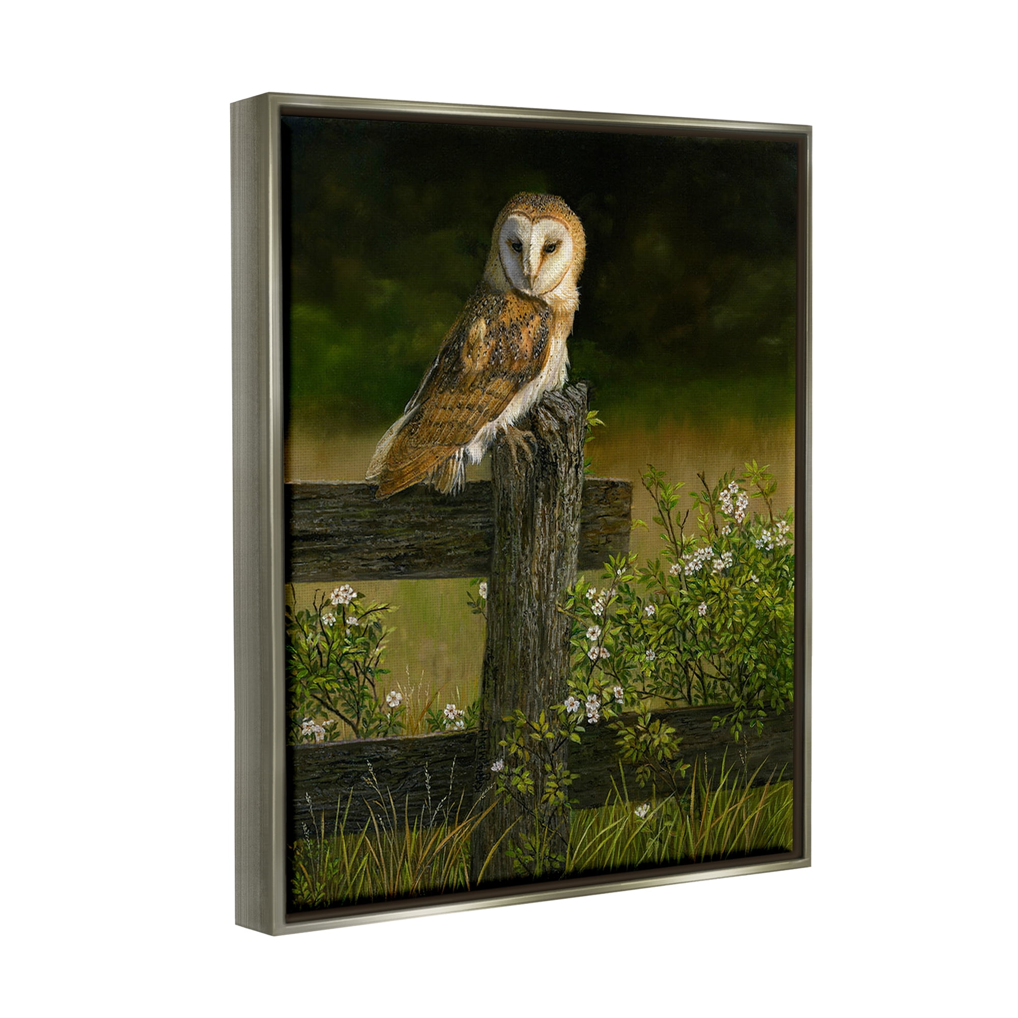 Stupell Industries Barn Owl on Fence Animals & Insects Painting Gray Floater Framed Canvas Art Print Wall Art, 25 x 31
