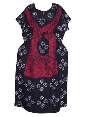 Mogul Women's Designer Caftan Red Black Batik Print Kaftan Kimono Sleeves Beach Dress
