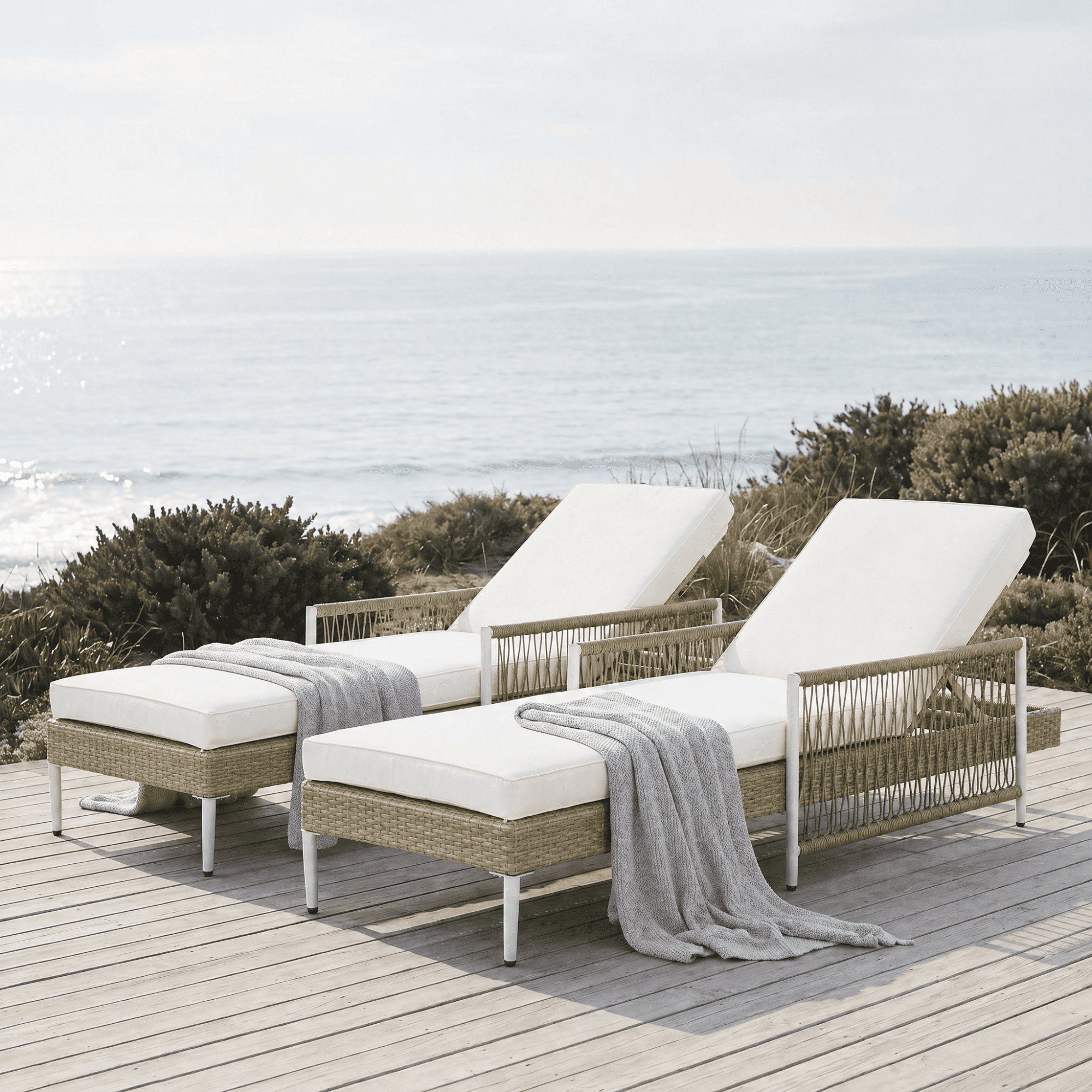 Leumius Set of 2 Outdoor Chaise Lounge, Minimalist All-Weather Patio Wicker Lounge Chair with 6 Gear Adjustable Recliner, Arms and Cushion for Poolside, Deck Beige