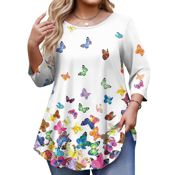 AzureSilk Plus Size Tops for Womens 3/4 Sleeve Tunic Tops Casual Loose Fit Swing Fall Winter T Shirts Blouse Basic Shirts Women's Plus Size, Sizes L-5XL
