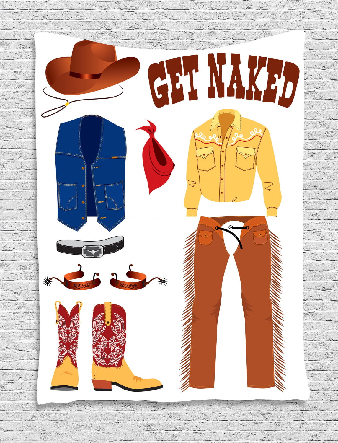 Cowboy Tapestry, Cartoon Style Wild West Themed Clothes Pattern Hand ...