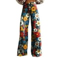 thumbnail image 2 of Fulijie Women's Vintage Flower Print Casual Wide Leg Pants, Yellow Linen Set for Women, Polyester,Spandex Yoga Pants, Wide Leg Sweatpants Women, Black Leggings Women, 2 of 4