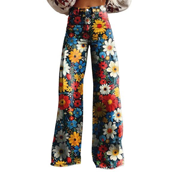 Flmaly vacation outfits for women High Waistband Women's Vintage Flower Print Casual Wide Leg Pants Vacation Outfits