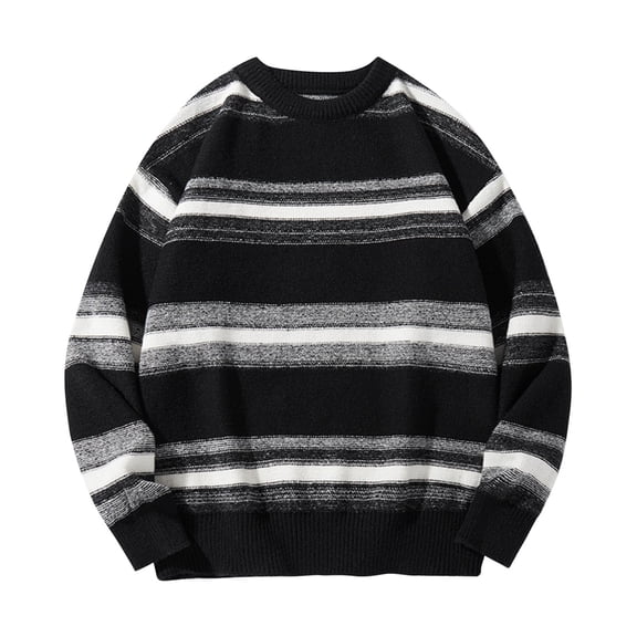 Men's Vintage Sweater Oversized Cable Knit Crewneck Pullovers Casual Fall Winter Long Sleeve Striped Sweaters (XL, Black)